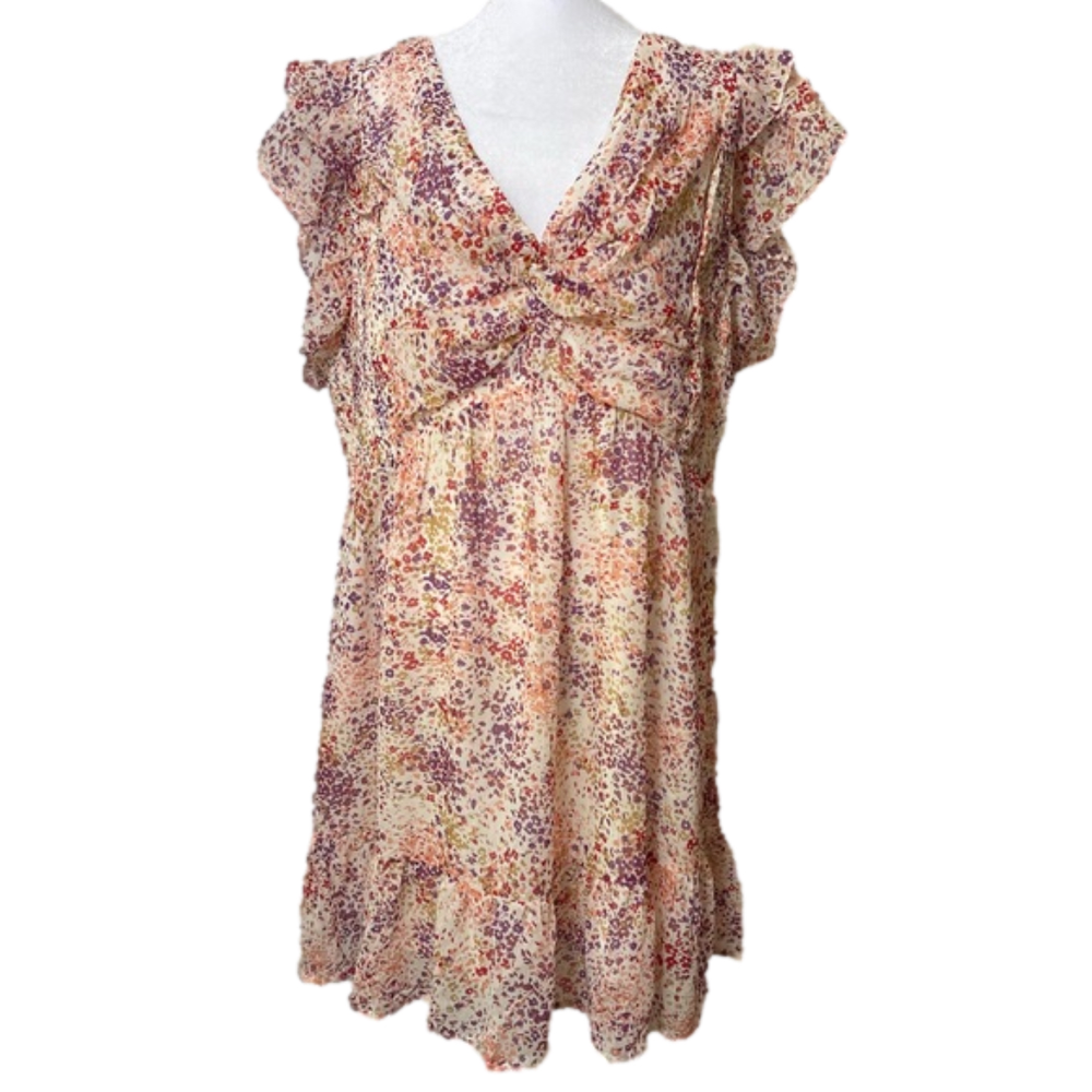 Chic Soul Floral V-Neck Chiffon Dress Short Sleeve Ruffle Sleeve and Hem 3X